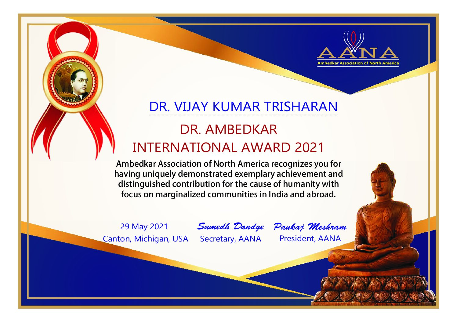 Year 2021 Dr. Ambedkar International Award-Dr. Vijaykumar Trisharan