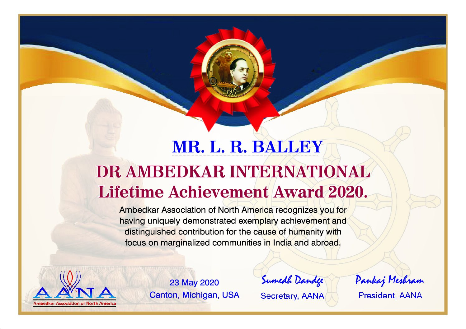 Year 2020 Dr. Ambedkar International Lifetime Achievement Award